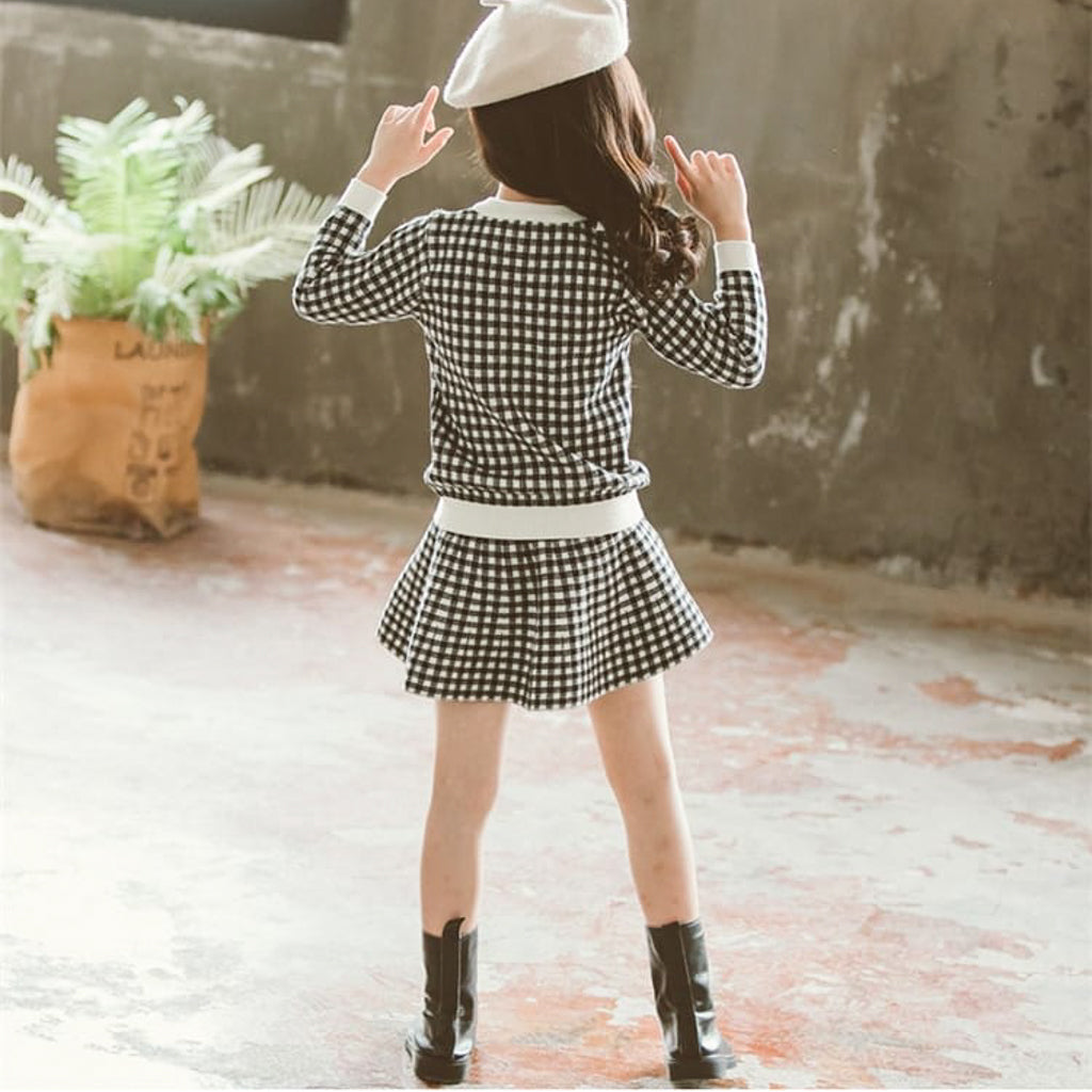 Check Cardigan Short Skirt 2 Piece Girls Woolen Dress