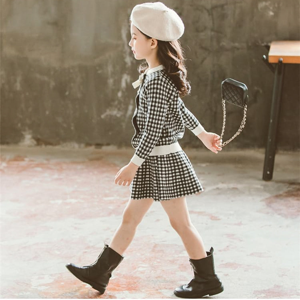 Check Cardigan Short Skirt 2 Piece Girls Woolen Dress