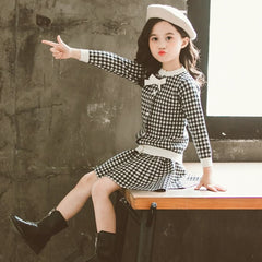 Check Cardigan Short Skirt 2 Piece Girls Woolen Dress