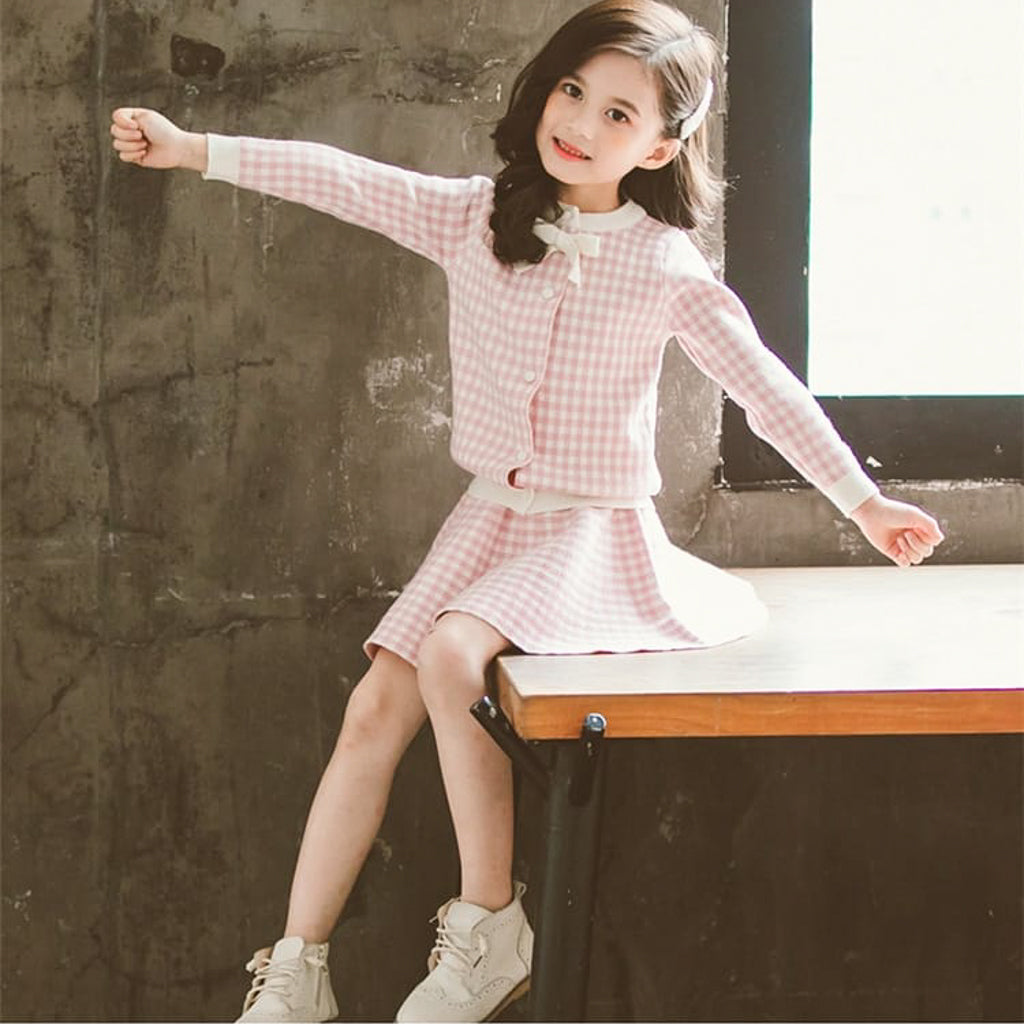 Check Cardigan Short Skirt 2 Piece Girls Woolen Dress