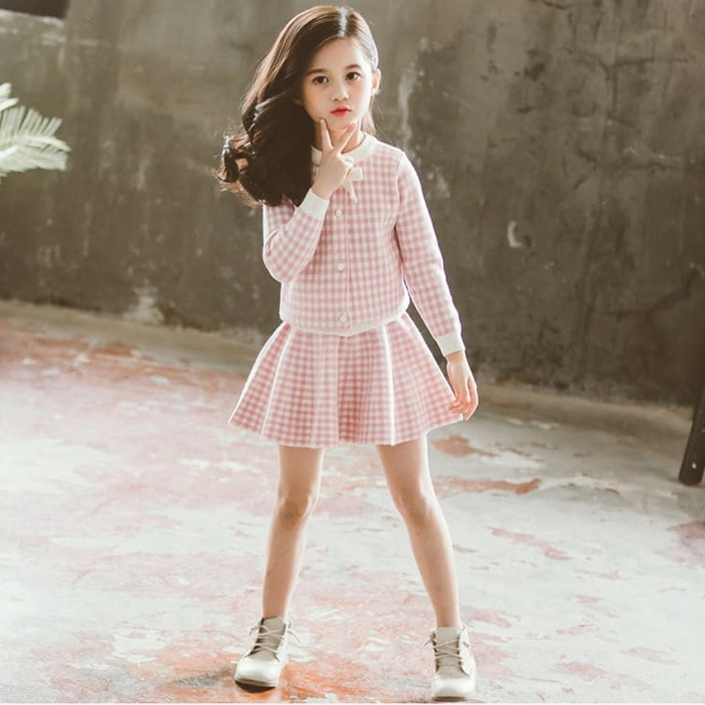 Check Cardigan Short Skirt 2 Piece Girls Woolen Dress