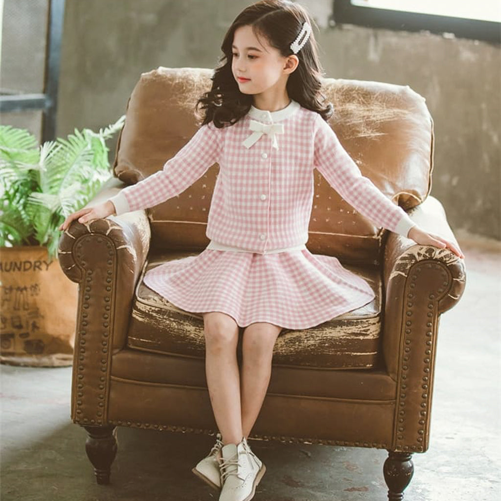 Check Cardigan Short Skirt 2 Piece Girls Woolen Dress