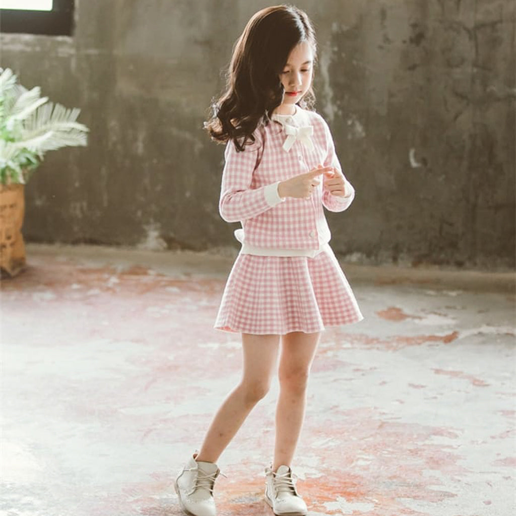 Check Cardigan Short Skirt 2 Piece Girls Woolen Dress