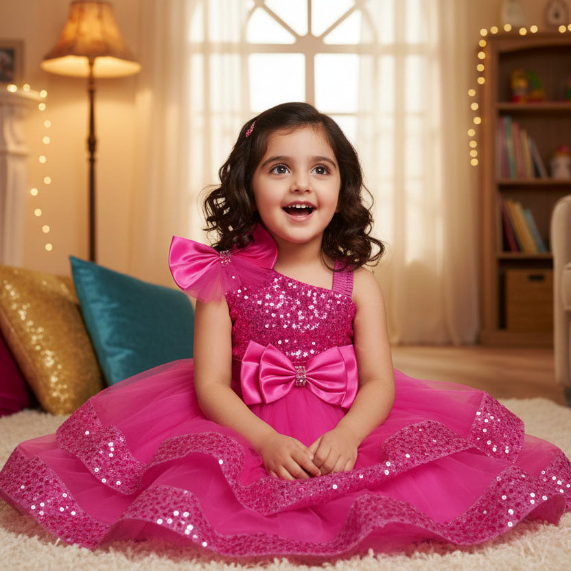 Hot pink dress with sequins and bows