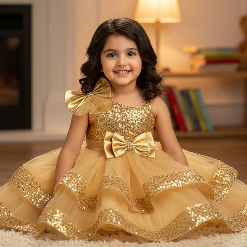 Golden dress with sequins and bows
