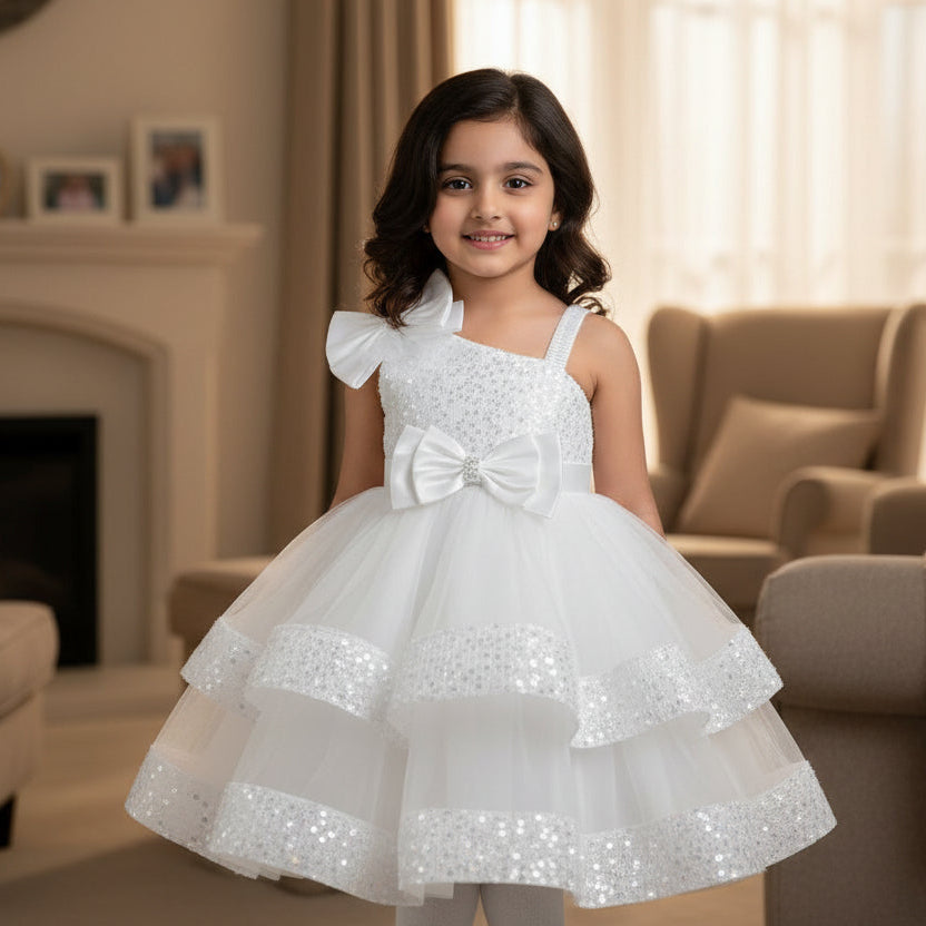 White dress with sequins and bows 