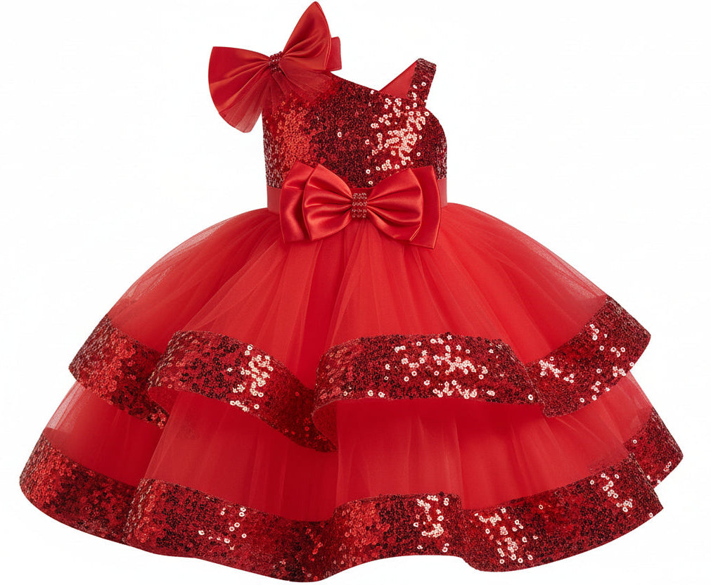 Red dress with sequins and bows 
