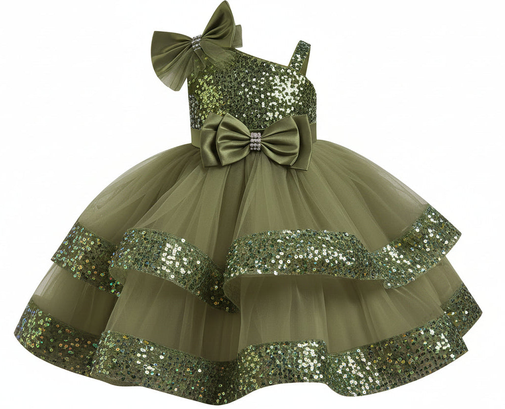 Olive dress with sequins and bows