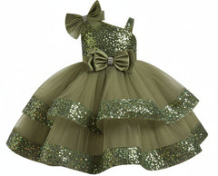 Olive dress with sequins and bows