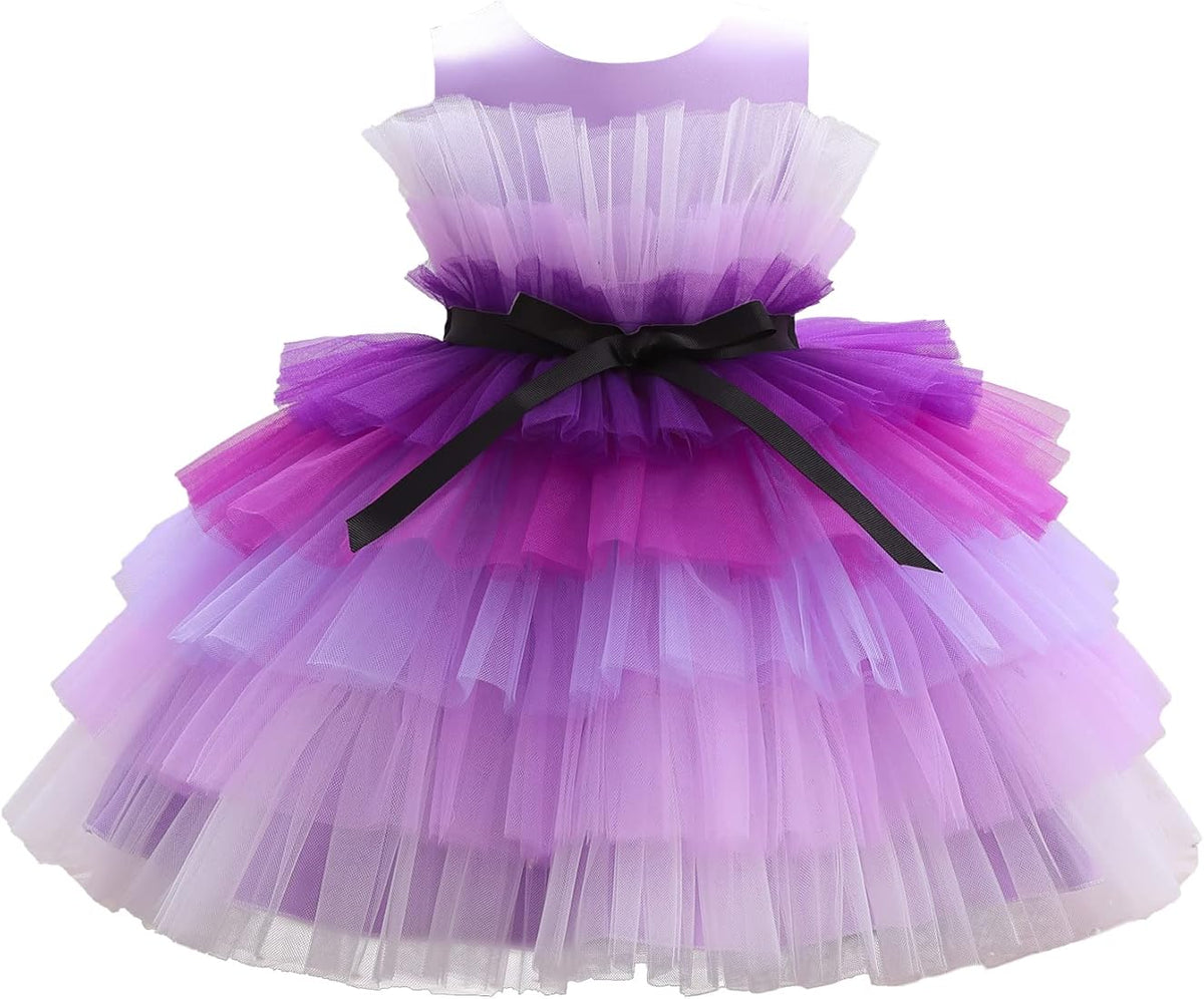 Elegant Multicolor Multilayer Ribbon Bow Knee Length Frock – Perfect for Pageants, Parties, Weddings & Special Occasions