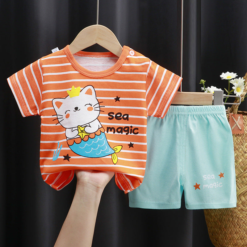 Baby Girl Toddler Girl Mermaids Cat Character Shirt & Shorts Set – Stylish Summer Outfit for Girls