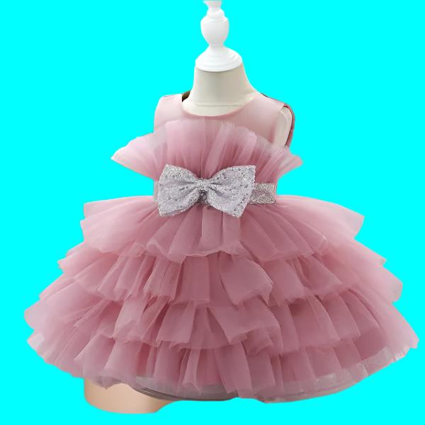 Sleeveless Multi Frills Mesh Knee Length Front Bow Pageant Frock