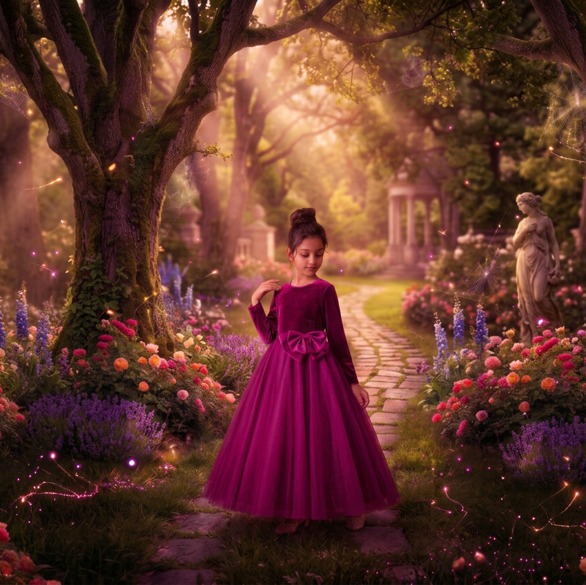 A young girl wearing a formal ball gown with a velvet long-sleeve bodice and a voluminous tulle skirt with a large bow at the waist.