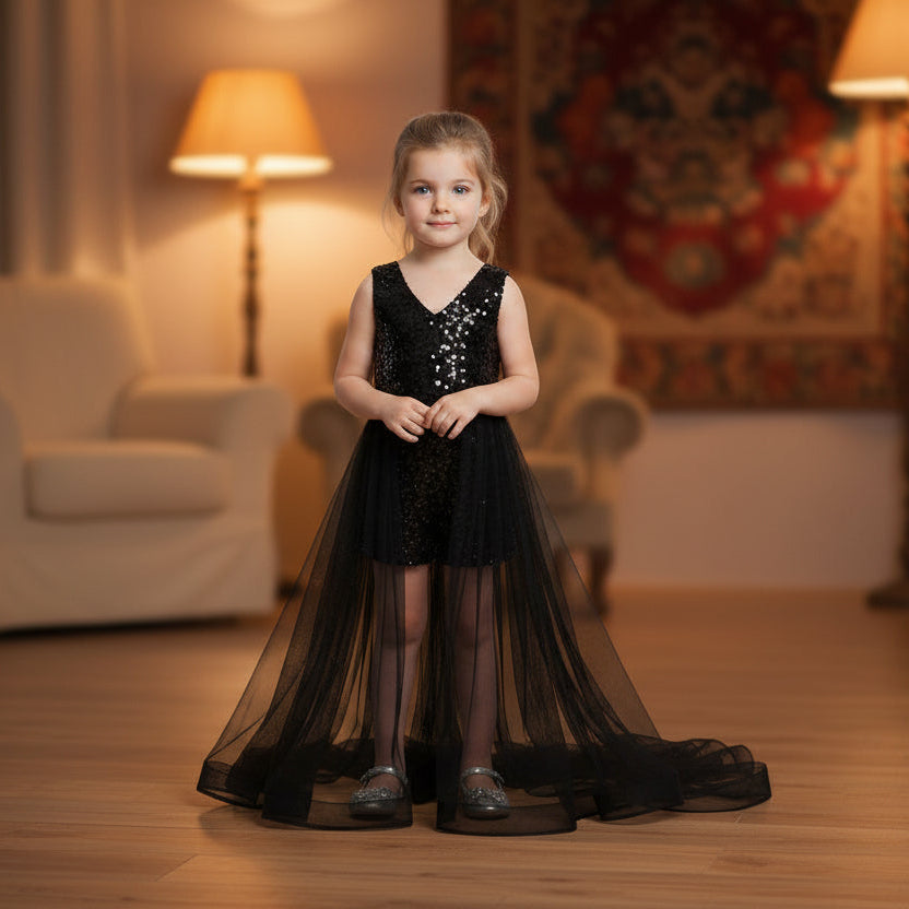 Little girl wearing an aqua dress with a slit in a dimly lit room.