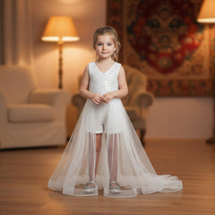 A young girl stands in a grand hall wearing a sleeveless royal blue formal dress with a beaded bodice, short leg cut, and a long flowing tulle overskirt.