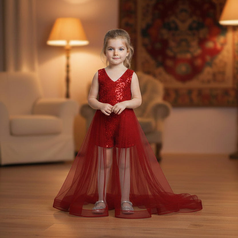 A young girl stands in a warmly lit living room wearing a red sleeveless lace-trim romper with a long sheer tulle skirt and tulle hem. The room has wooden floors, a cream armchair, two lit floor lamps, and a patterned tapestry on the wall.