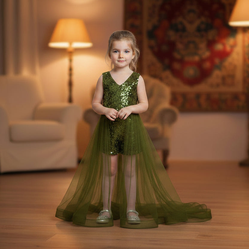 A young girl stands in a warmly lit living room wearing a olive sleeveless lace-trim romper with a long sheer tulle skirt and tulle hem. The room has wooden floors, a cream armchair, two lit floor lamps, and a patterned tapestry on the wall.