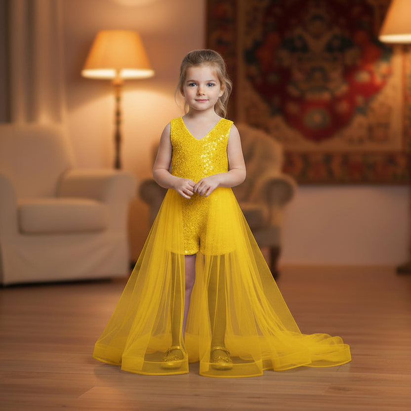A young girl stands in a warmly lit living room wearing a yellow sleeveless lace-trim romper with a long sheer tulle skirt and tulle hem. The room has wooden floors, a cream armchair, two lit floor lamps, and a patterned tapestry on the wall.