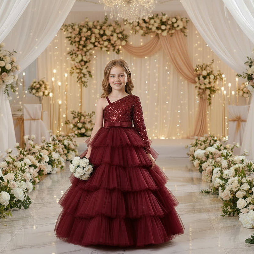 A young girl stands in a decorated event space wearing a formal one-shoulder ball gown with a sparkling upper bodice, a wide silk waistband, and a full layered tulle skirt. 