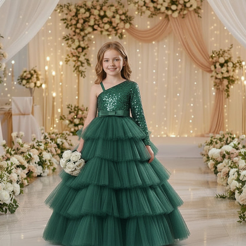 A young girl stands in a decorated event space wearing a formal one-shoulder ball gown with a sparkling upper bodice, a wide silk waistband, and a full layered tulle skirt. 