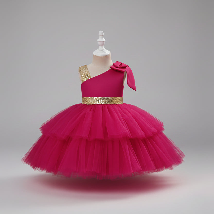 A pink one-shoulder toddler party dress with a tiered tulle skirt, a gold sequined waistband, and a matching bow on the shoulder.