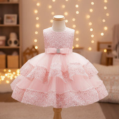 A baby pink sequined and tulle flower girl dress