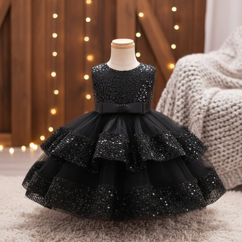 A black sequined and tulle flower girl dress