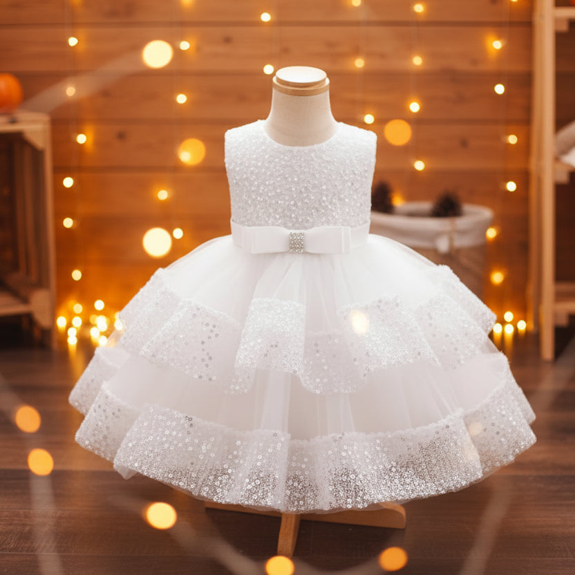 A white sequined and tulle flower girl dress