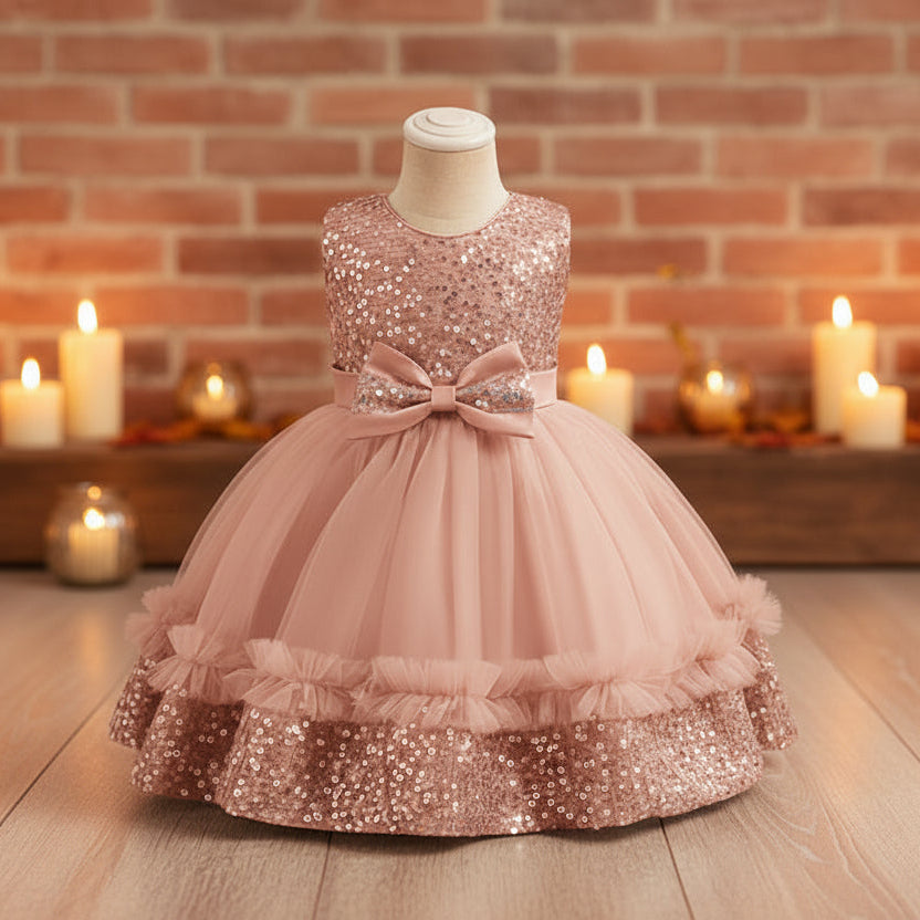 A toddler girl's formal dress displayed on a dress form mannequin, featuring a tea pink sequined bodice, a matching tulle skirt with ruffles, and a matching bow at the waist. 