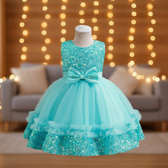 Black sequin dress with a bow on a mannequin against a gray background