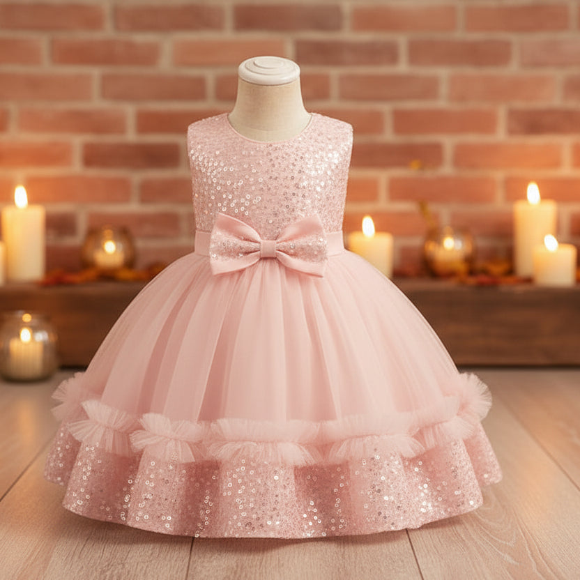 A toddler girl's formal dress displayed on a dress form mannequin, featuring a black sequined bodice, a matching tulle skirt with ruffles, and a matching bow at the waist. 