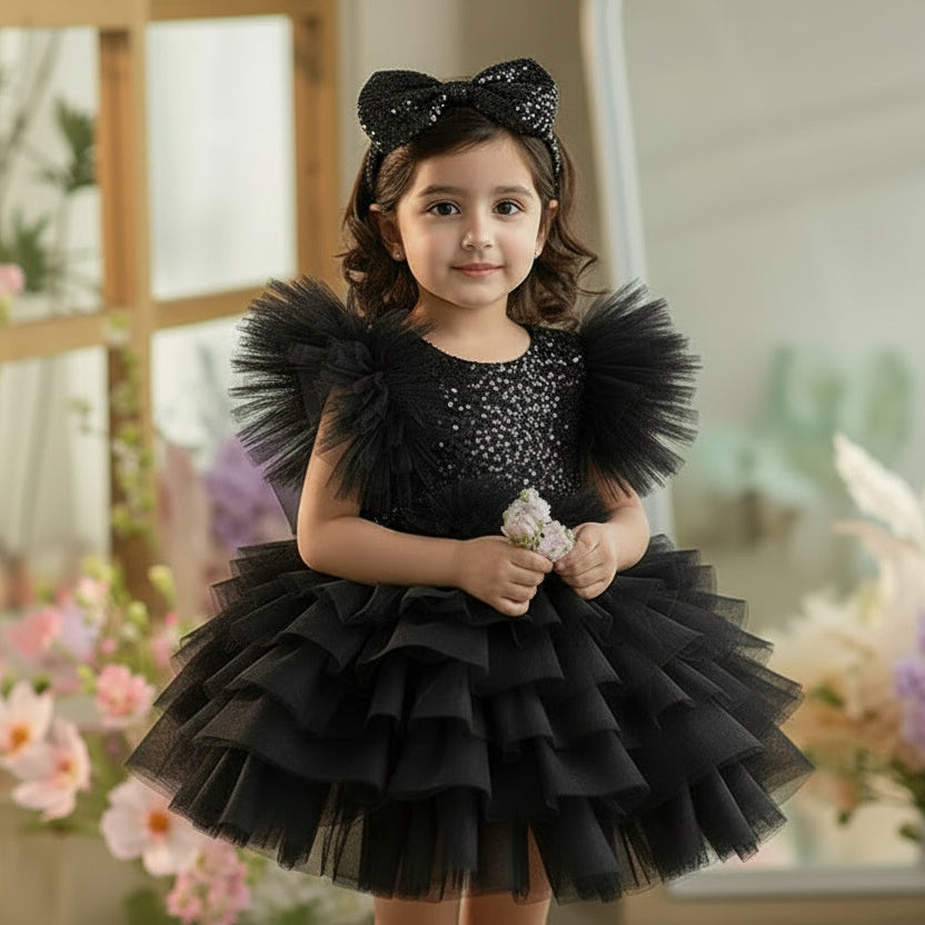 Young girl in a back dress with ruffles standing in a decorated room with flowers.
