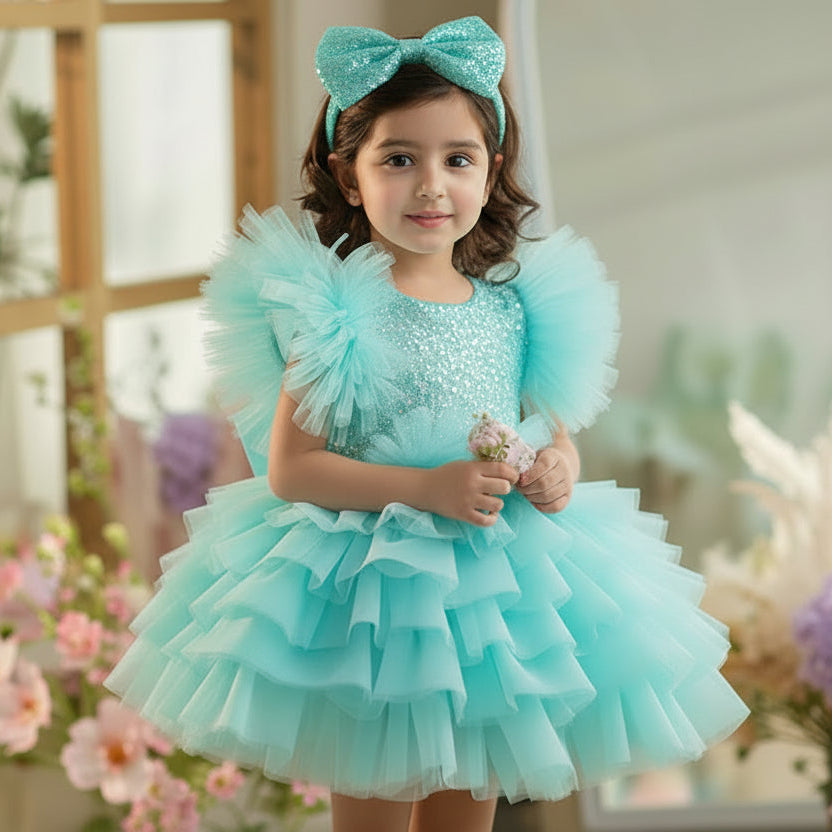 Gorgeous Girl Dress Super Glitter Sequin Bodice Multi-Layer Frills Skirt Little Ruffled Sleeve Birthday Party Festive Dress