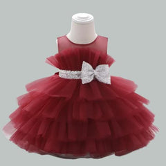 Sleeveless Multi Frills Mesh Knee Length Front Bow Pageant Frock