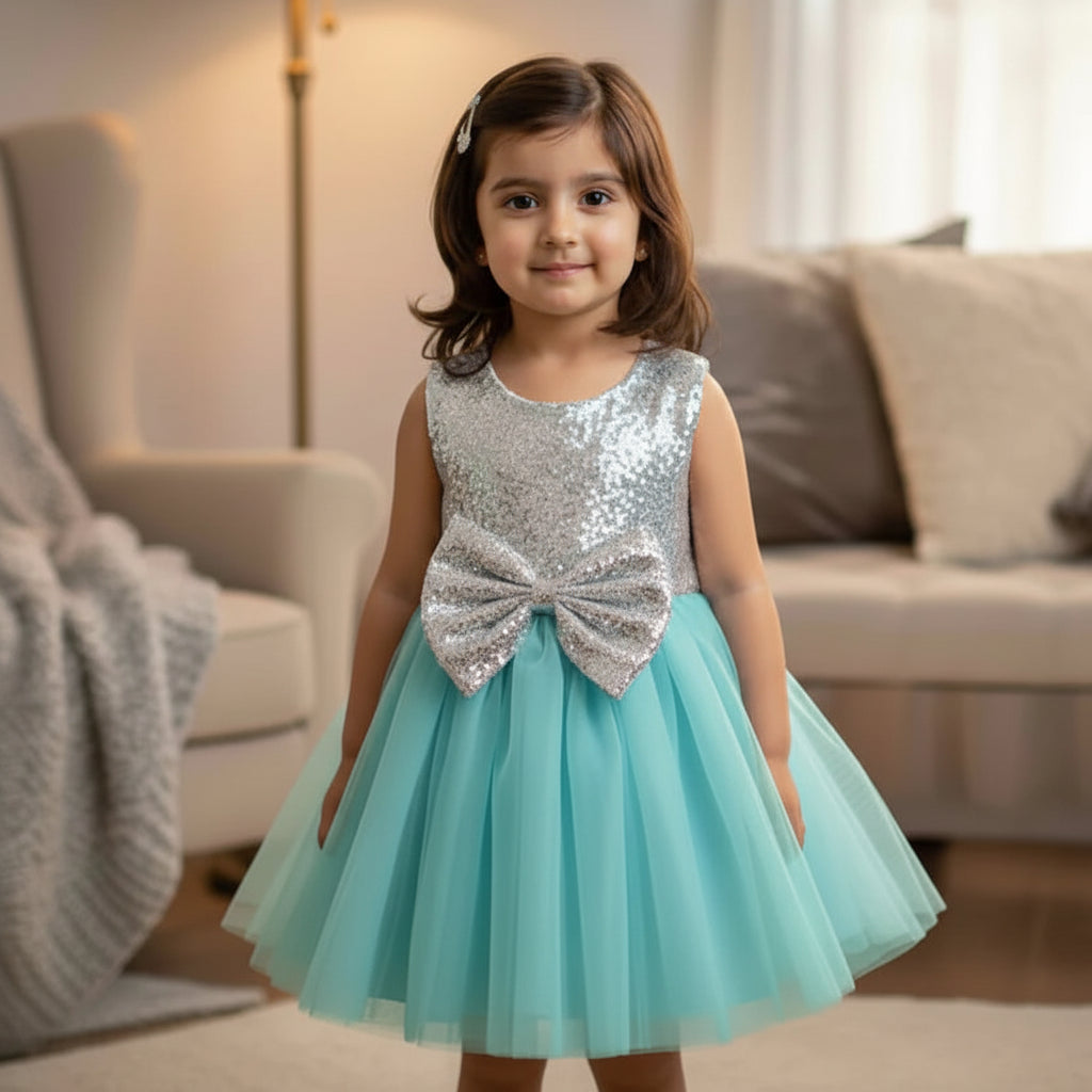Young girl in a aqua and silver dress with a bow standing in a living room.