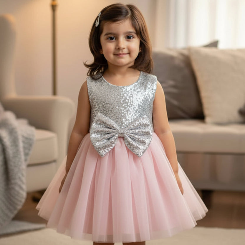 Young girl in a pink and silver dress with a bow standing in a living room.